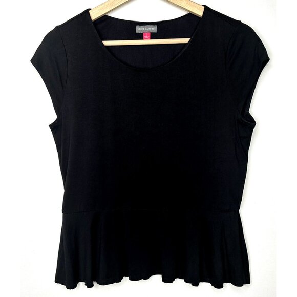 Vince Camuto Womens Shirt Cap Sleeve Peplum Hem Pullover Stretch Top Black Small - Picture 1 of 9